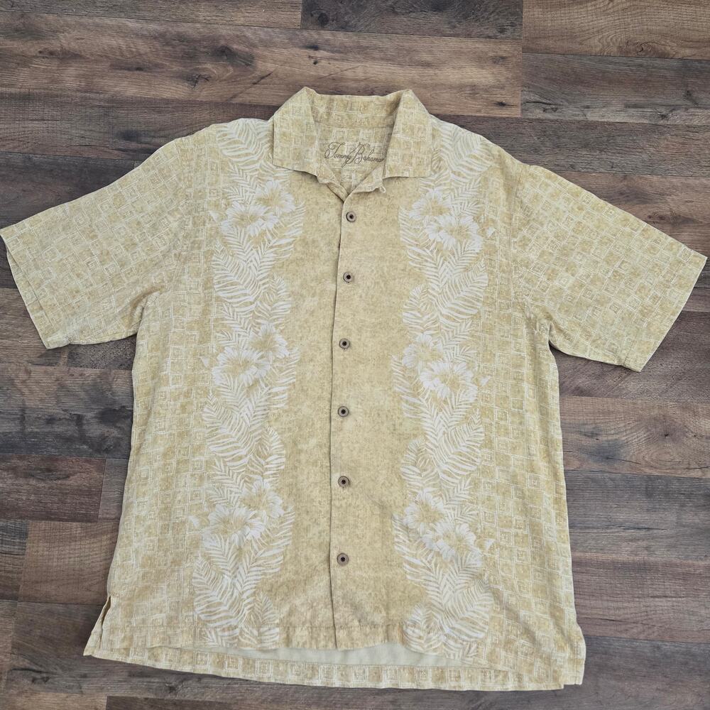 Tommy Bahama Men's 100% Silk Button Down Short Sleeve Tan Tropical Size L